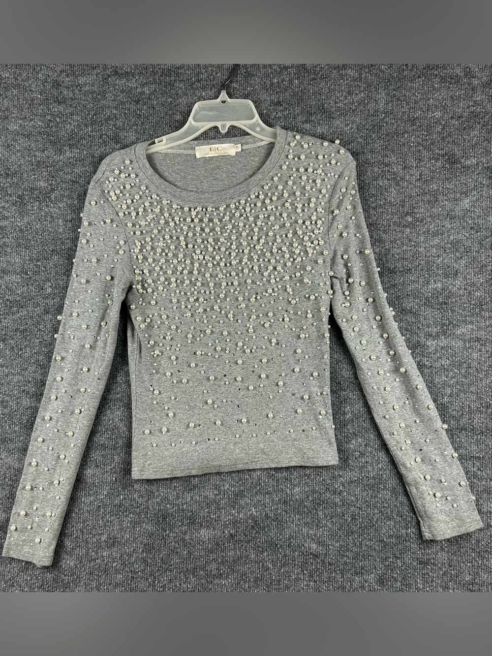 Lizette Collection L Pearl Rhinestone Embellished Gray Long Sleeve Top